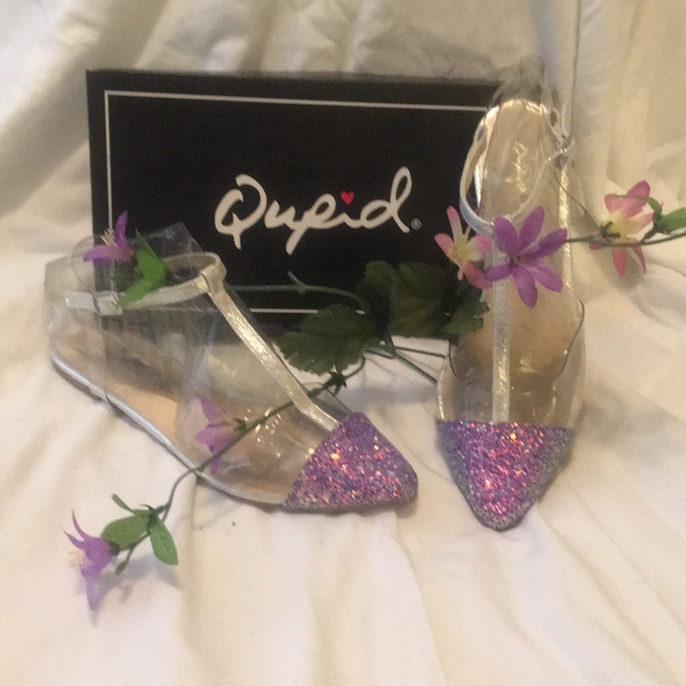 Iridescent Lilac Glitter T-strap Ballerinas.